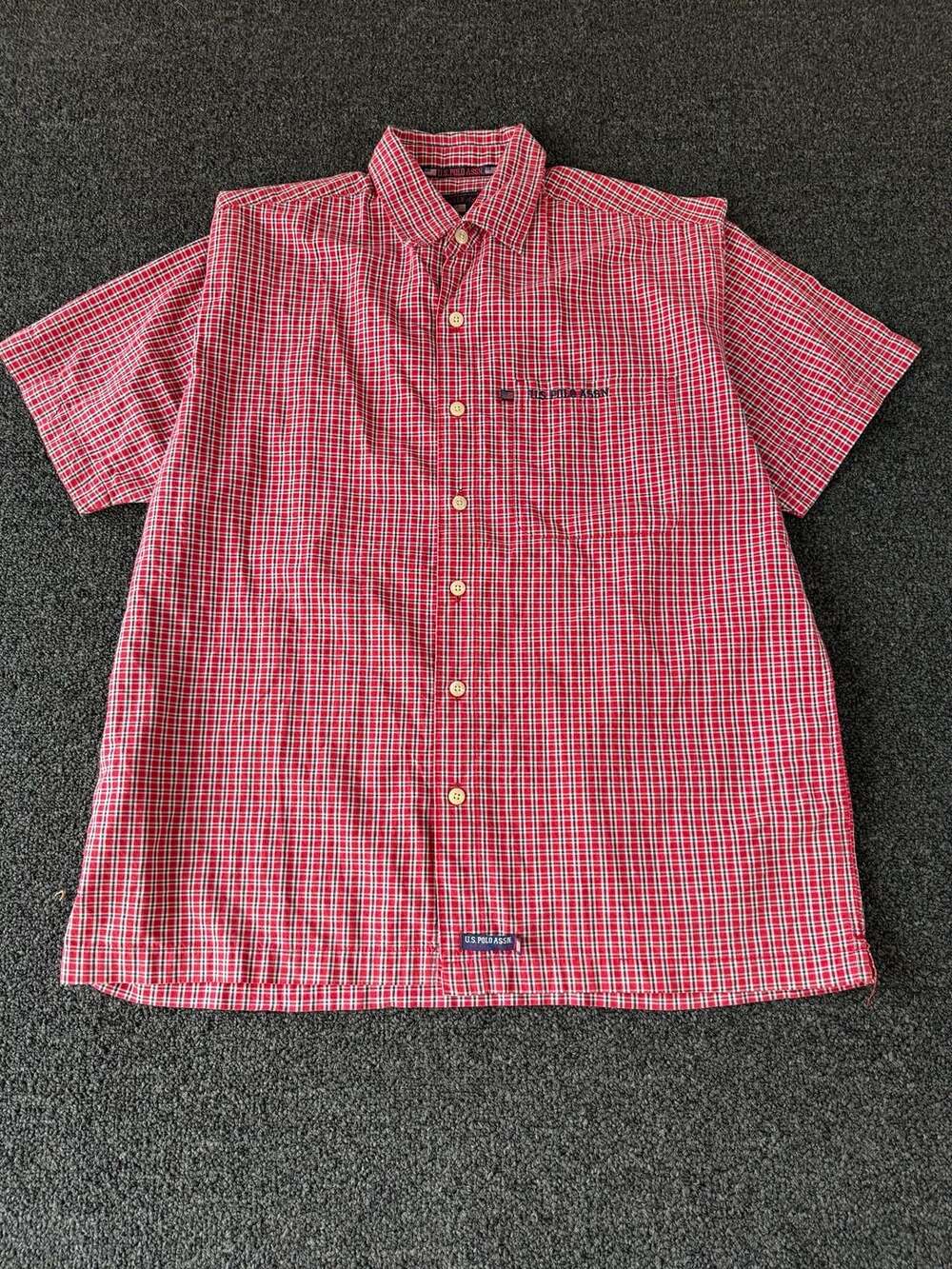 US Polo Assn Mens Button Up Shirt Mens XL Red Check Short Sleeve*